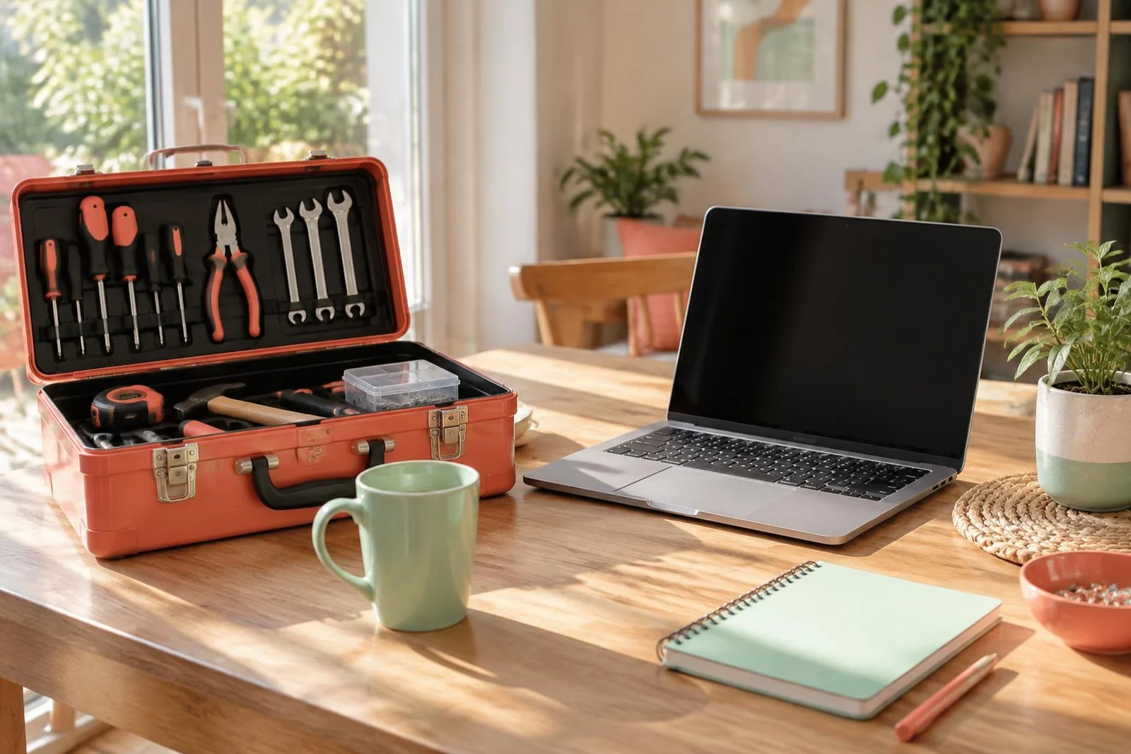 An open toolbox and laptop on a sunlit wooden table