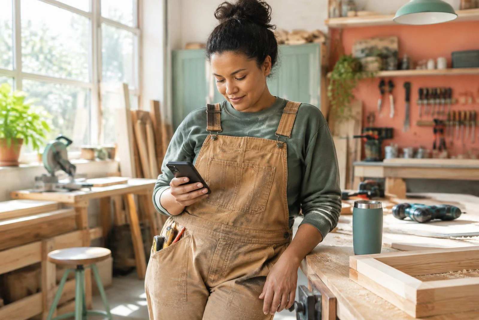 A tradesperson checking a phone in a bright woodworking workshop